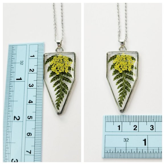 Floral Pendant Necklace Pressed Dried Flowers and Leaves Yellow and Green Floral - Picture 7 of 9